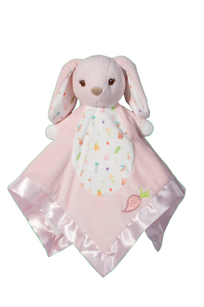 Douglas Parsnip Pink Bunny Snuggler with soft pink velvety blanket body, floppy bunny ears, and plush face. Comforting lovey for infants. Available at Be Charmed.