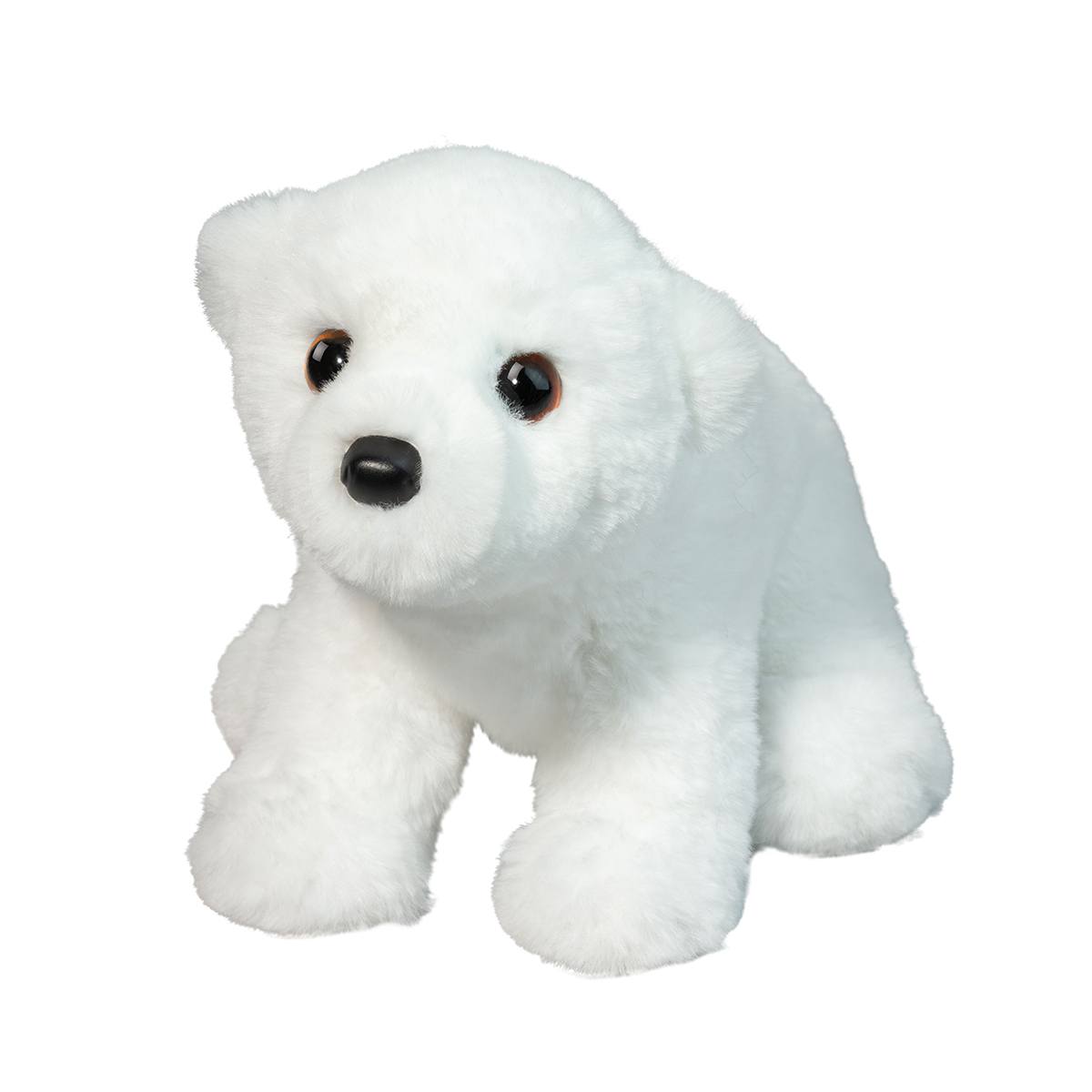 A plush, white polar bear stuffed animal with a round paw, black nose, and dark eyes. Available at Be Charmed