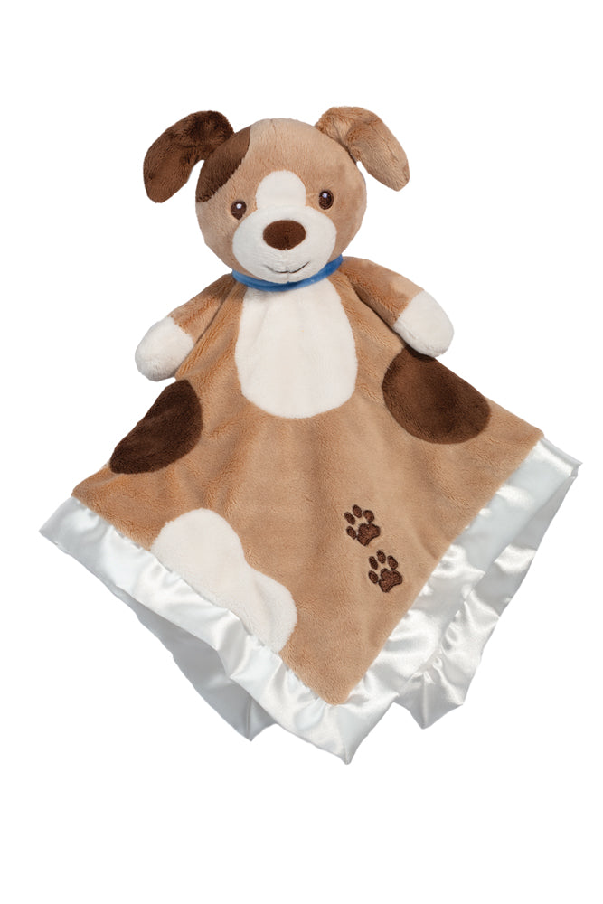 Douglas Zeke Puppy Snuggler with floppy brown puppy head and super-soft blanket body in neutral tones. A comforting plush lovey for babies. Available at Be Charmed.