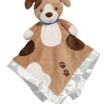 Douglas Zeke Puppy Snuggler with floppy brown puppy head and super-soft blanket body in neutral tones. A comforting plush lovey for babies. Available at Be Charmed.