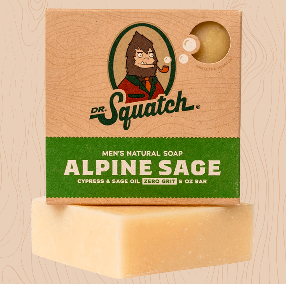 Dr. Squatch Alpine Sage Bar Soap – crisp alpine scent with natural oils for a refreshing, earthy clean. Available at Be Charmed.