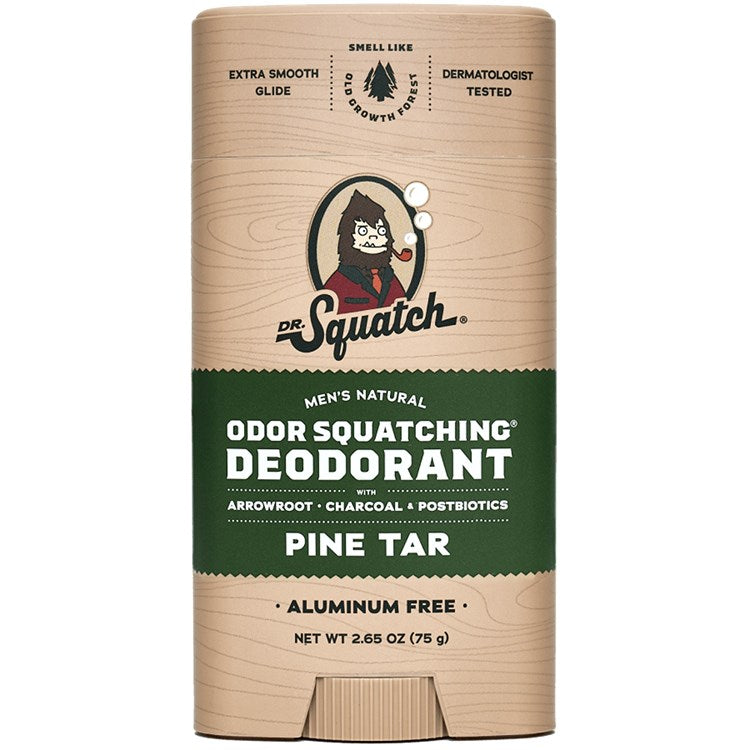 Dr. Squatch Pine Tar natural deodorant stick with woodsy scent, charcoal, and aluminum-free formula. Available at Be Charmed.