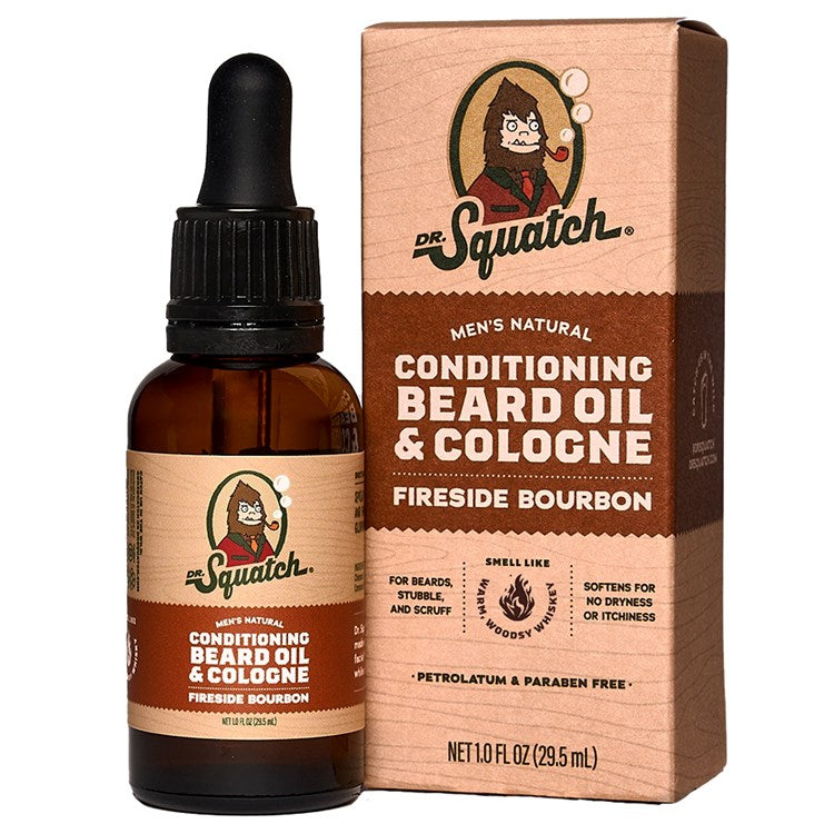Dr. Squatch Fireside Bourbon beard oil & cologne duo with bourbon, clove & cedarwood scent. Conditioning oil and natural cologne. Available at Be  Charmed.