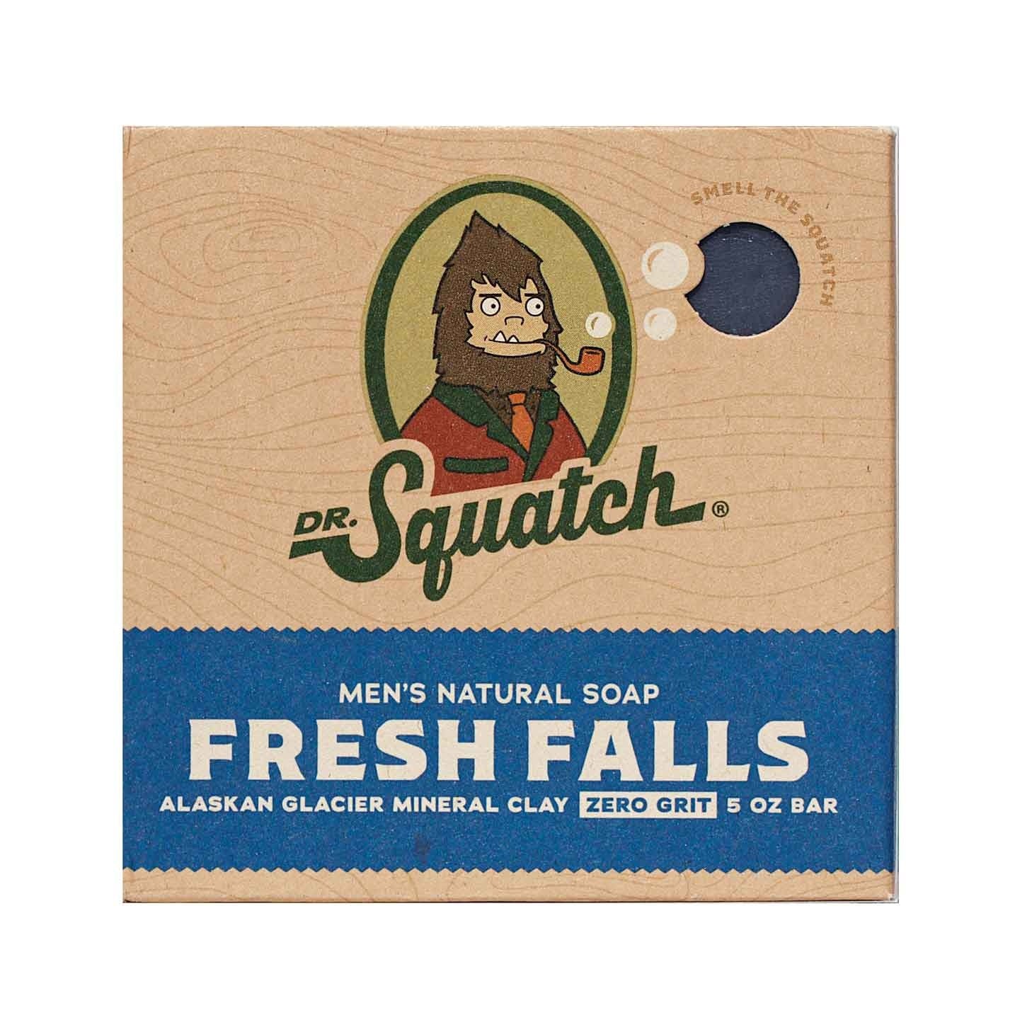 Dr. Squatch Fresh Falls bar soap with glacier clay, sea salt, and crisp forest-waterfall scent. Zero‑grit formula. Available at  Be Charmed.