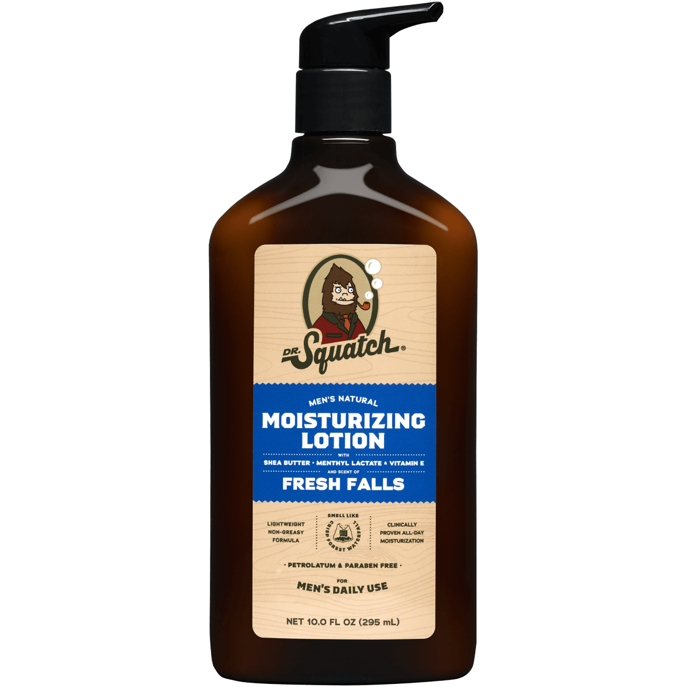 Dr. Squatch Fresh Falls Lotion – clean, crisp scent and natural hydration for men’s skin. Fast-absorbing formula. Available at Be Charmed.