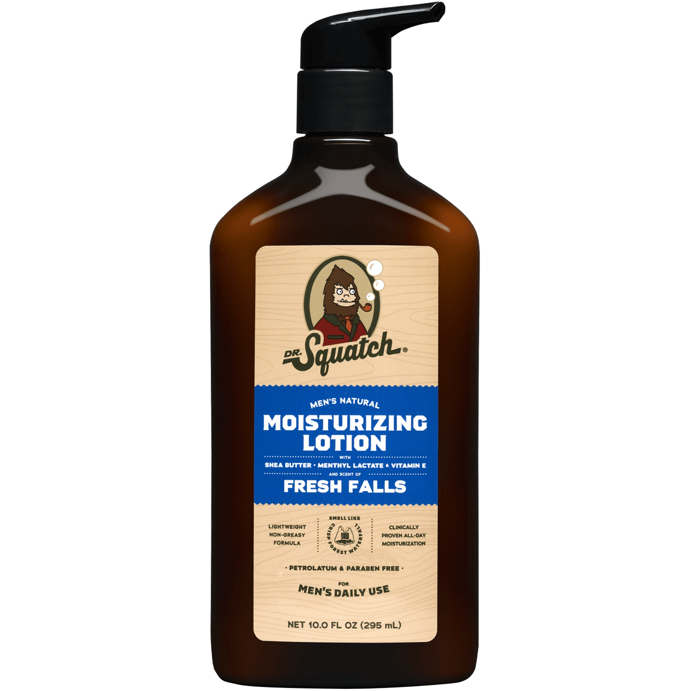 Dr. Squatch Fresh Falls Lotion – clean, crisp scent and natural hydration for men’s skin. Fast-absorbing formula. Available at Be Charmed.