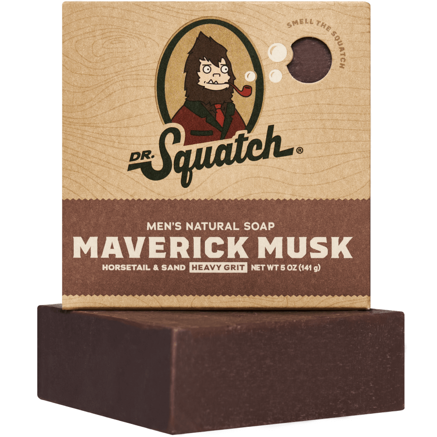 Dr. Squatch Maverick Musk exfoliating bar soap with leather, amber & moss scent. Available at Be Charmed.