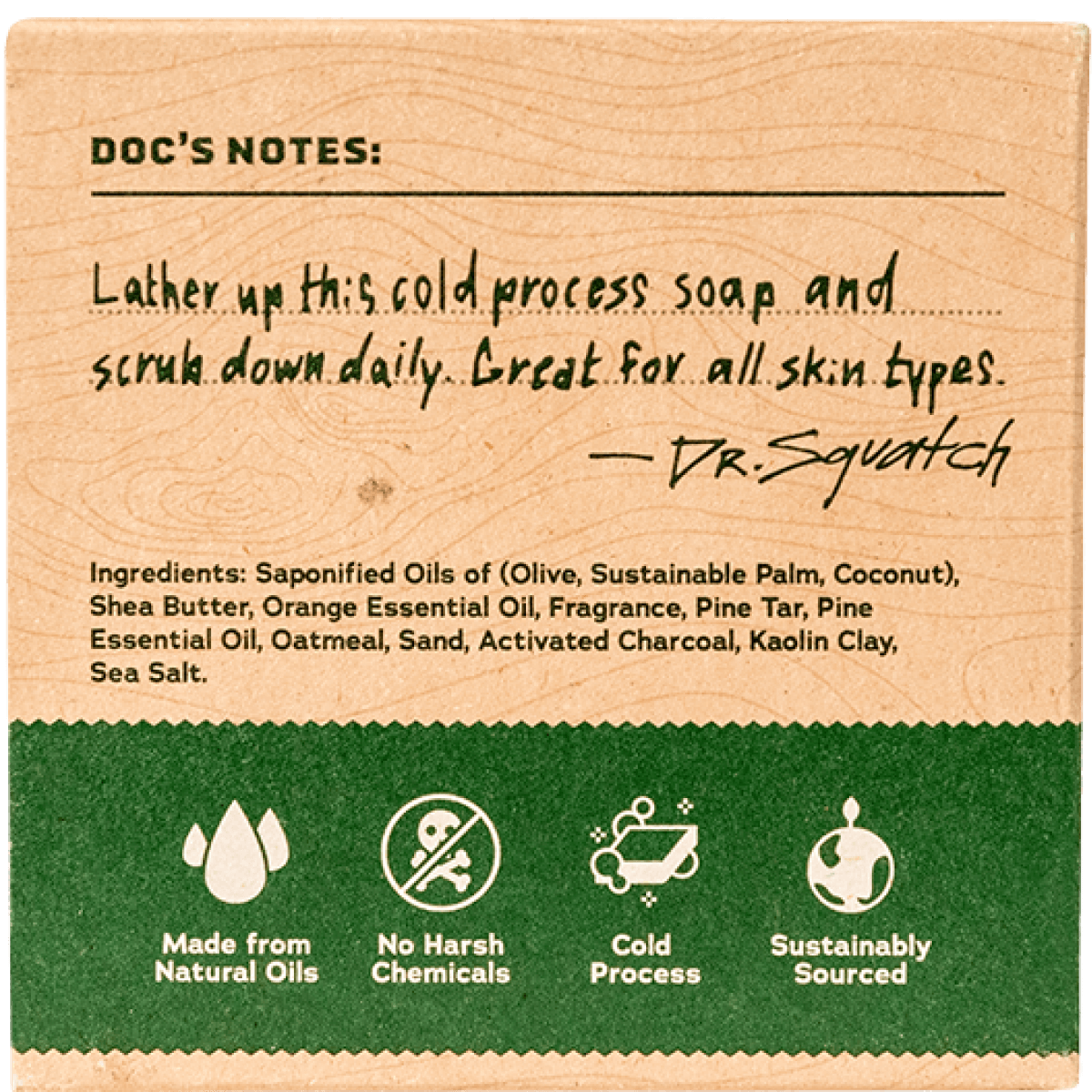 Back of Box of Dr. Squatch Pine Tar Bar Soap for men – natural exfoliating soap with a rugged pine scent. Available at Be Charmed.