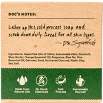 Back of Box of Dr. Squatch Pine Tar Bar Soap for men – natural exfoliating soap with a rugged pine scent. Available at Be Charmed.