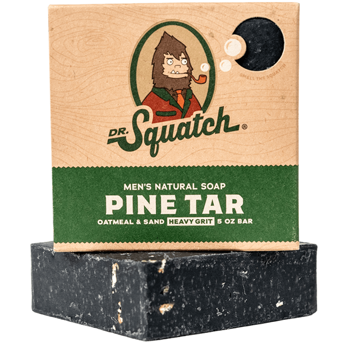 Dr. Squatch Pine Tar Bar Soap for men – natural exfoliating soap with a rugged pine scent. Available at Be Charmed.