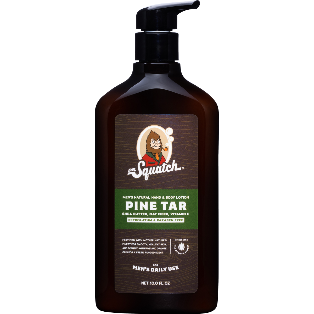 Dr. Squatch Pine Tar Lotion – moisturizing men's lotion with rugged pine scent and natural ingredients. Available at Be Charmed.