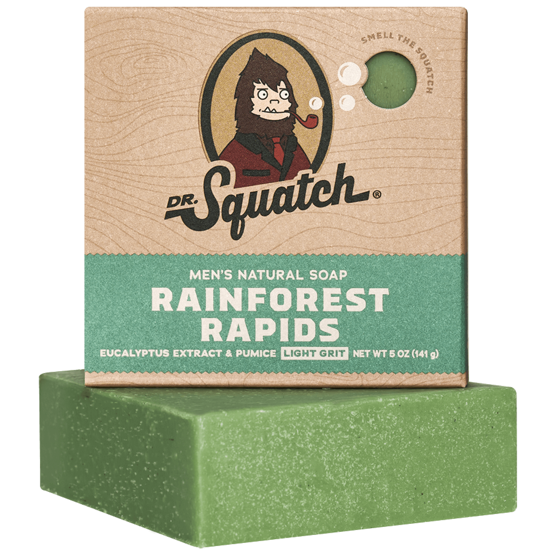 Dr. Squatch Rainforest Rapids bar soap with eucalyptus, pumice exfoliation & crisp jungle scent. Light‑grit natural formula. Available at Be Charmed.