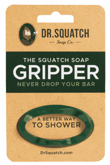 Dr. Squatch Soap Gripper. Ergonomic shower accessory that improves grip and extends bar life. Available at Be Charmed.