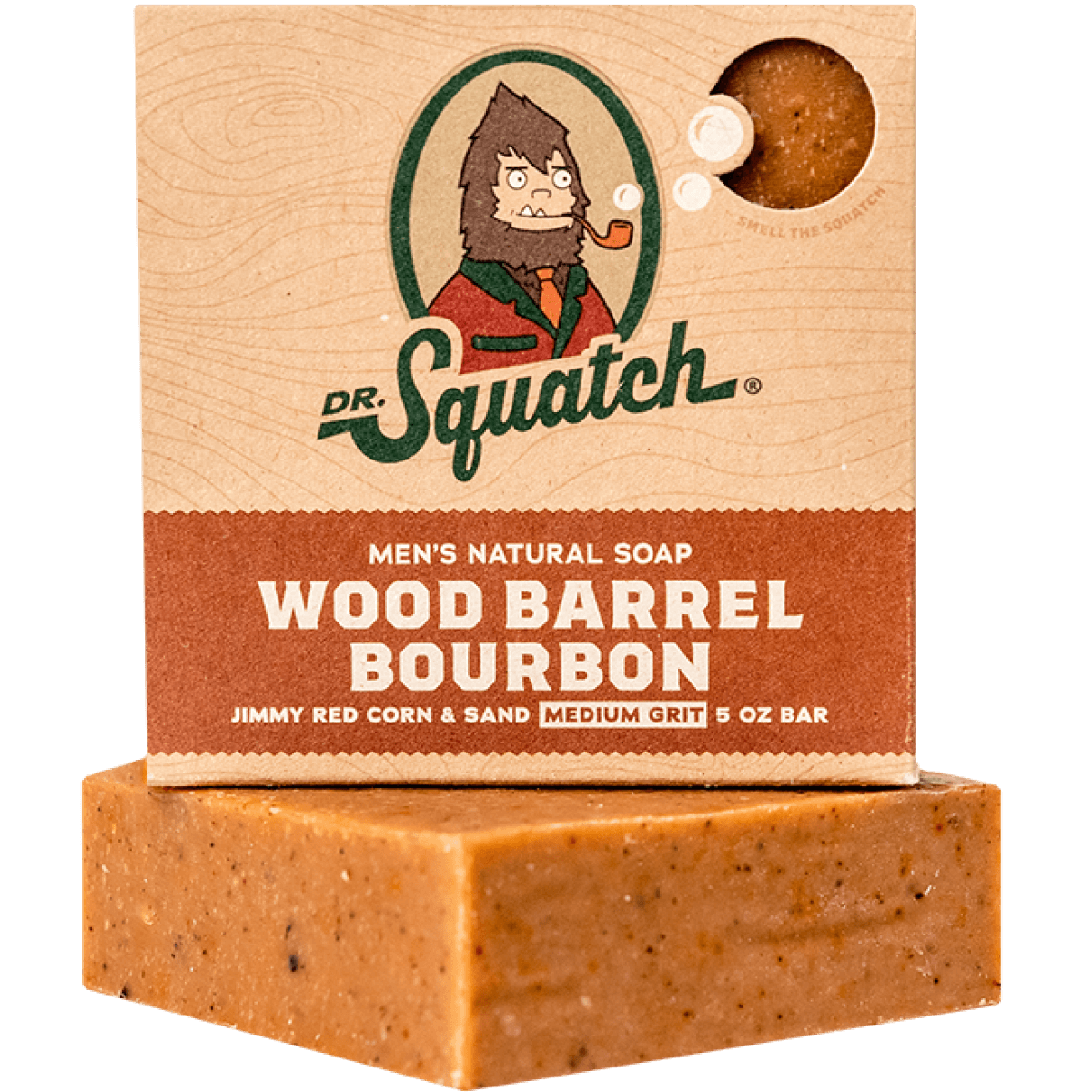 Dr. Squatch Wood Barrel Bourbon bar soap — natural, medium‑grit, spicy bourbon and oak scent, available at Be Charmed