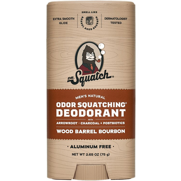 Dr. Squatch Wood Barrel Bourbon Deodorant – bold, smooth scent with natural, aluminum-free formula for men. Available at Be Charmed.