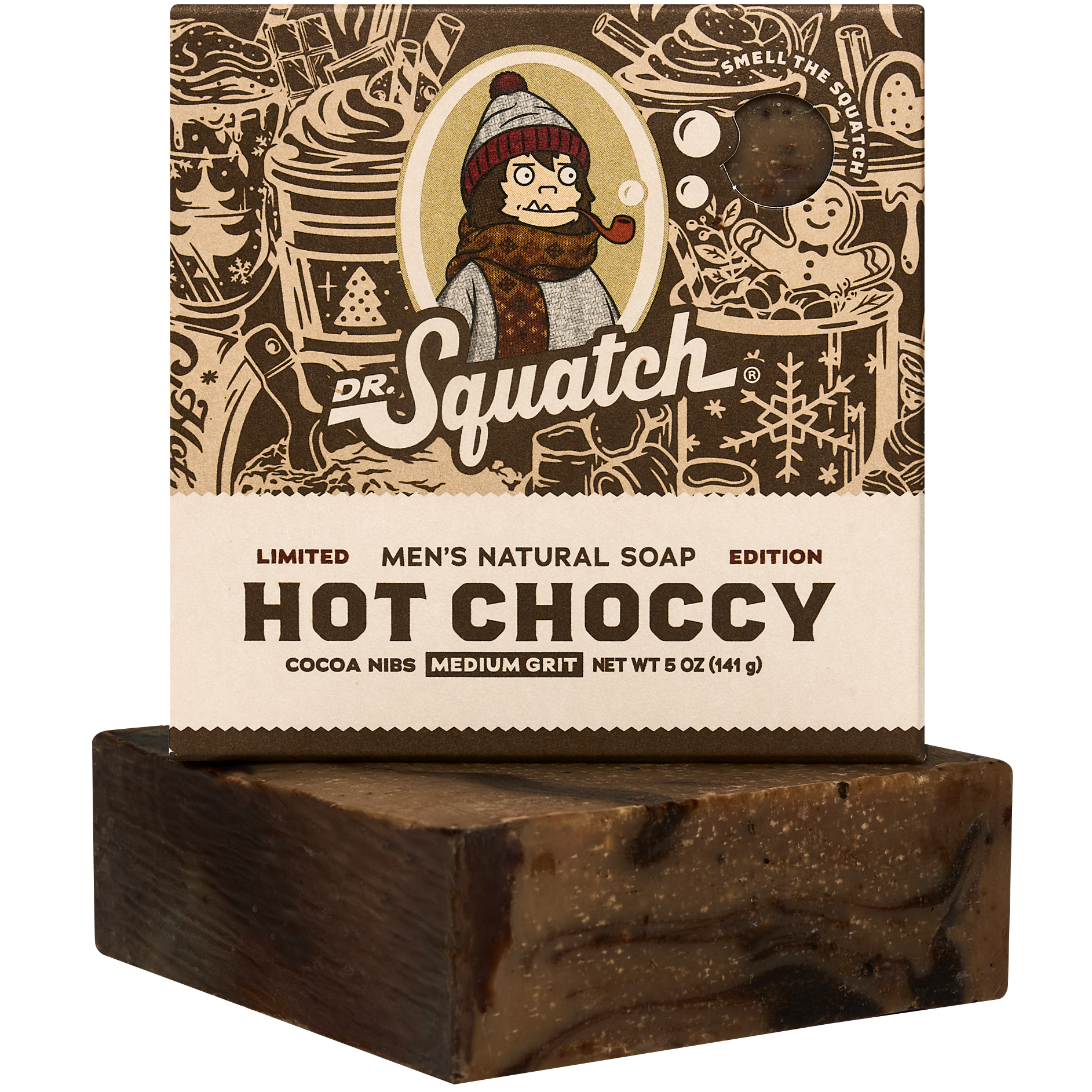Dr. Squatch Bar Soap Hot Choccy. Natural men’s soap with warm cocoa scent. Seasonal limited edition. Available at Be Charmed.