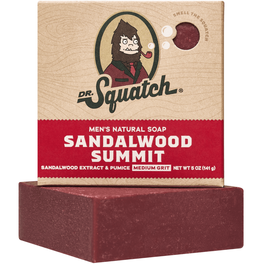 Dr. Squatch Bar Soap Sandalwood Summit. Natural men’s soap with warm, woodsy sandalwood fragrance. Available at Be Charmed.