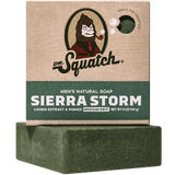 Dr. Squatch Bar Soap Sierra Storm. Natural men’s soap with crisp mountain-inspired scent. Available at Be Charmed.