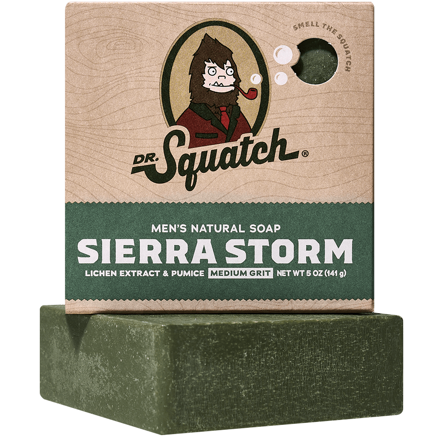 Dr. Squatch Bar Soap Sierra Storm. Natural men’s soap with crisp mountain-inspired scent. Available at Be Charmed.