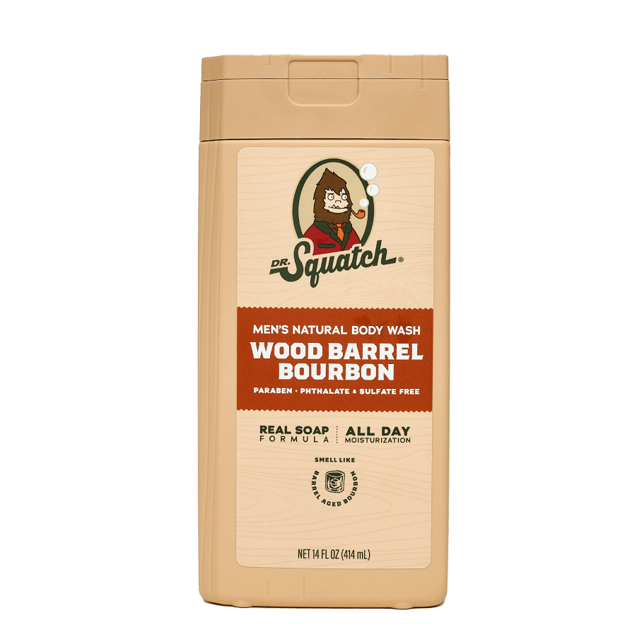 Dr. Squatch Body Wash 14 oz Wood Barrel Bourbon. Natural men’s body wash with oak, bourbon, and smoky spice fragrance. Available at Be Charmed.