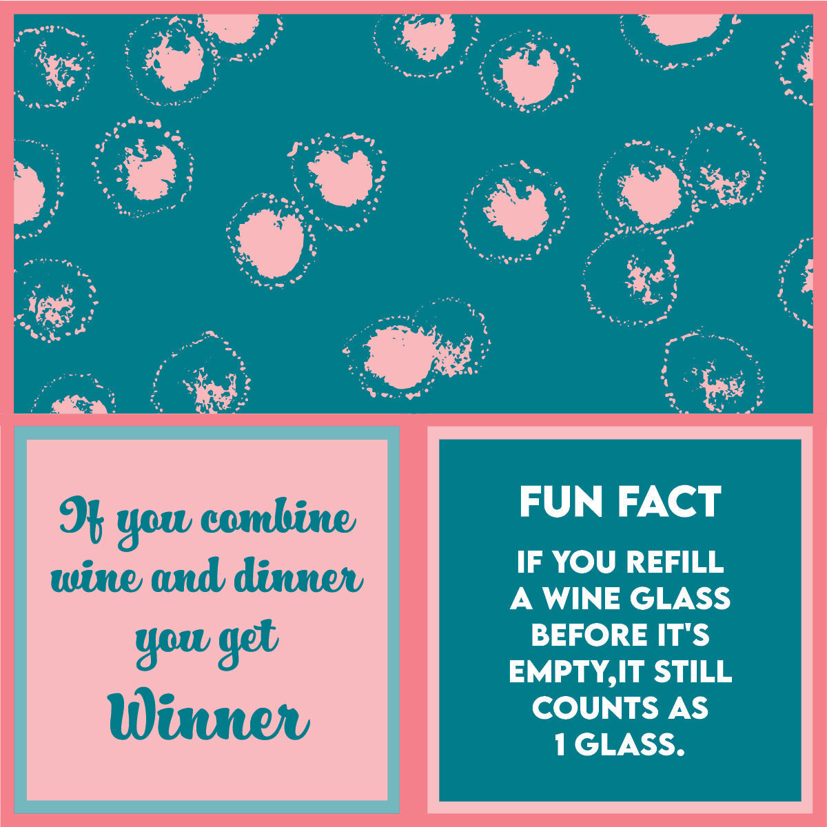 Drinks On Me Napkins Refill Wine Napkins. Design with wine glass patterns, text, and fun fact on a pink and teal background. Available at Be Charmed