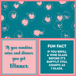 Drinks On Me Napkins Refill Wine Napkins. Design with wine glass patterns, text, and fun fact on a pink and teal background. Available at Be Charmed