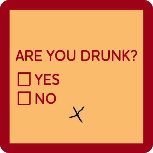 Drinks On Me Are You Drunk? coaster – 4x4 resin with cork backing, humorous bar accessory, available at Be Charmed