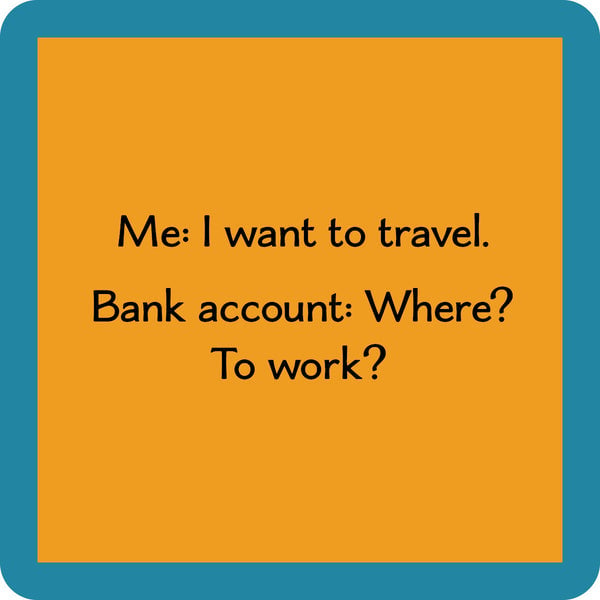 Drinks On Me ‘Bank Account’ coaster – 4×4 resin with cork backing, funny bar accessory, available at Be Charmed