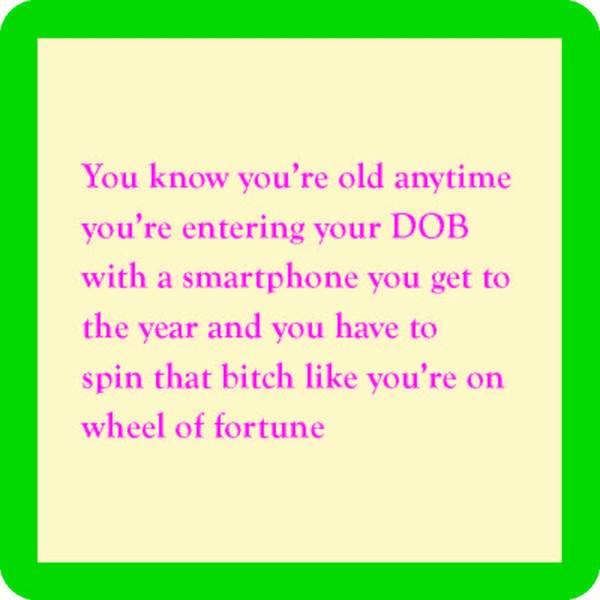 A square-shaped resin coaster with a cork backing and rounded corners, featuring text in pink color. Available at Be Charmed