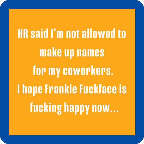 “Drinks on Me HR coaster resin cork backing – humorous home décor, available at Be Charmed”