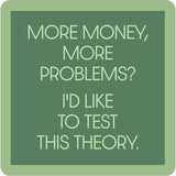 Green coaster with white text on a green background. Available at Be Charmed