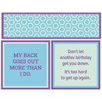 Two humorous sayings on a blue and purple two sided napkin with geometric pattern. Available at Be Charmed