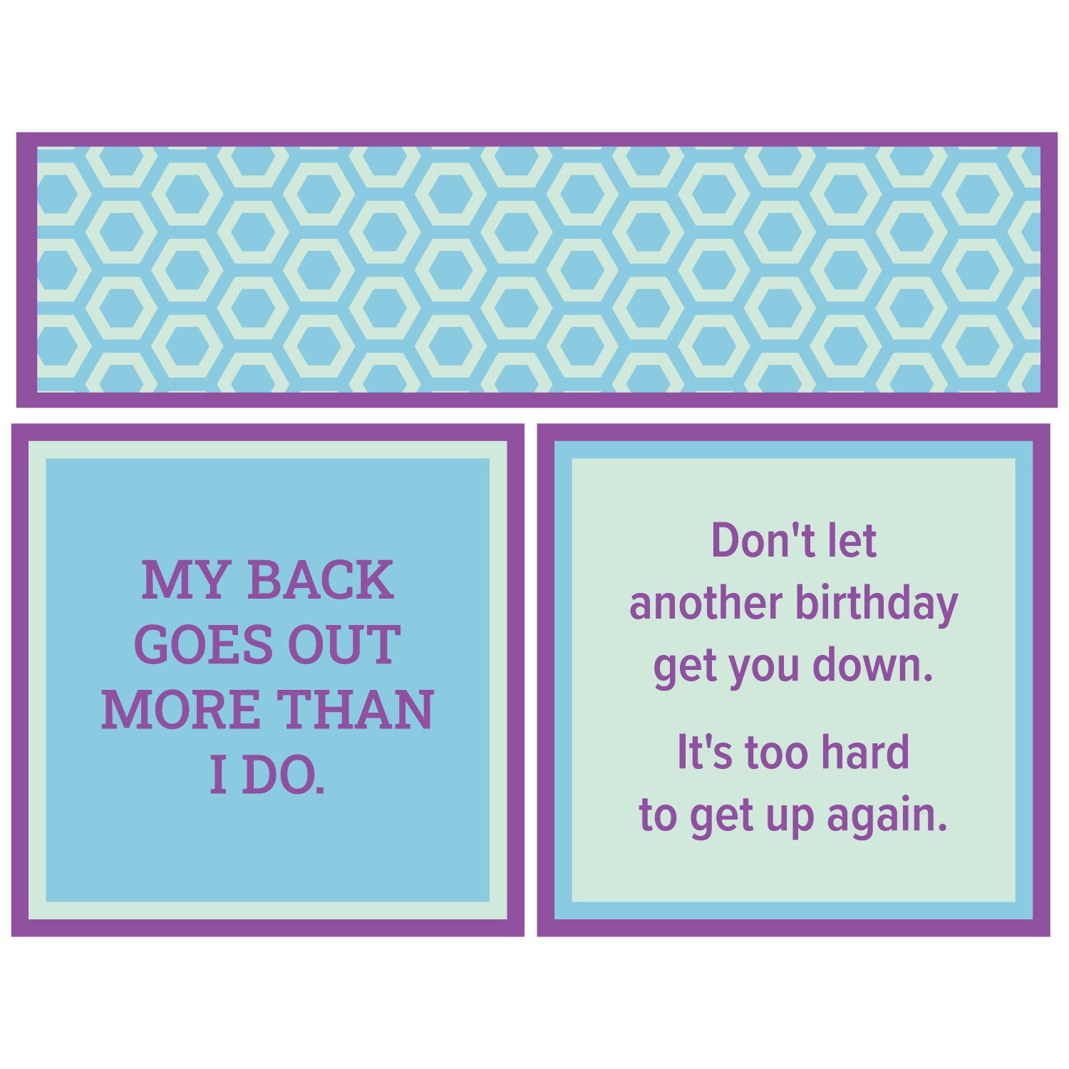 Two humorous sayings on a blue and purple two sided napkin with geometric pattern. Available at Be Charmed