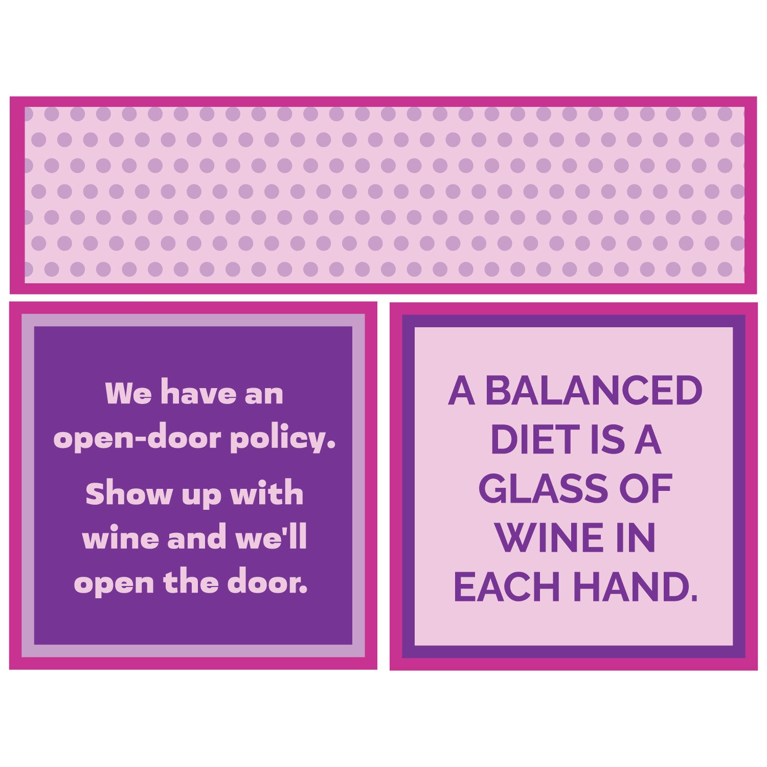 Two purple and pink text boxes with humorous wine-related sayings on a two sided napkin. Available at Be Charmed