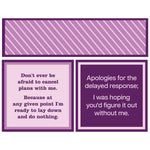 Purple cocktail napkins with humorous text on each side on a white background. Availale at Be Charmed