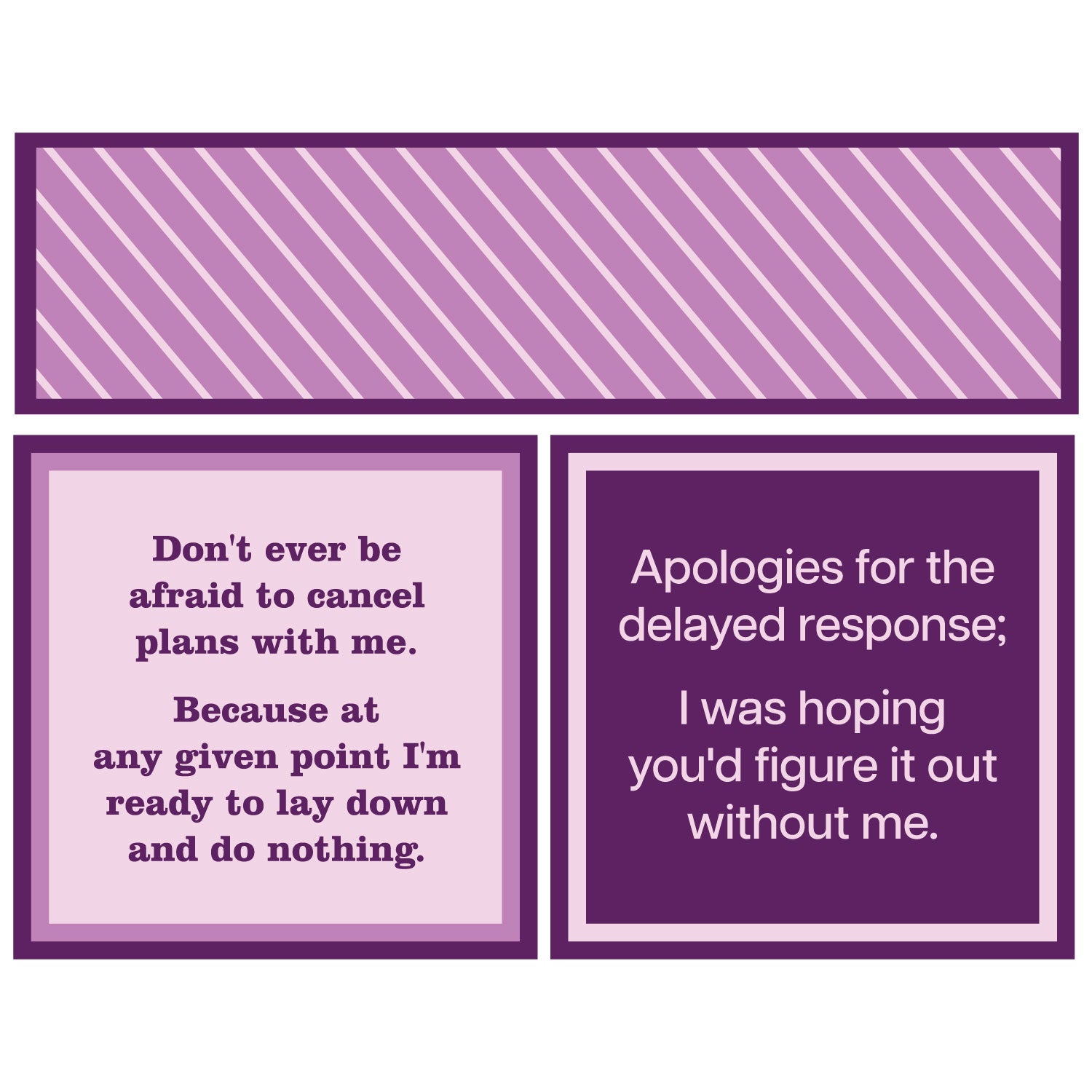 Purple cocktail napkins with humorous text on each side on a white background. Availale at Be Charmed
