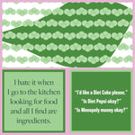 A cocktail napkin with a pattern of dots and text humorous statements on it. Available at Be Charmed