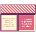 Two humorous birthday quotes on a pink and yellow striped two sided napkin. Available at Be Charmed