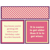 Two humorous birthday quotes on a pink and yellow striped two sided napkin. Available at Be Charmed