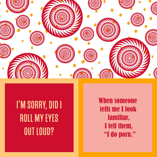 Drinks on Me "Roll My Eyes" A set of cocktail napkins with a spiral design in red and yellow, featuring a humorous quote about rolling one's eyes and personal space.