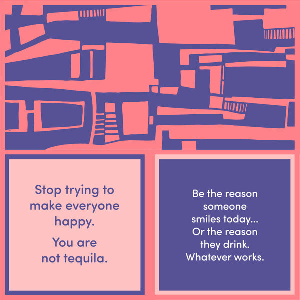 A cocktail napkin with a humorous quote about drinking and smiling, with a contemporary design on a pink background. Available at Be Charmed