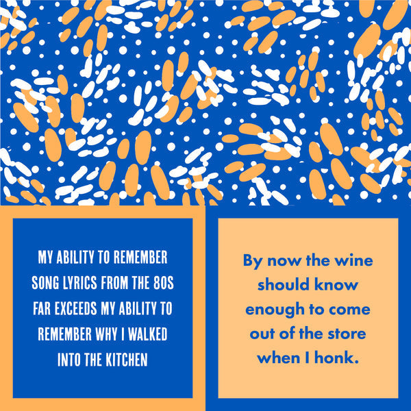 Drinks on Me "Song Lyrics" Cocktail napkin with a blue and orange design featuring text that includes song lyrics and humorous statements. Available at Be Charmed