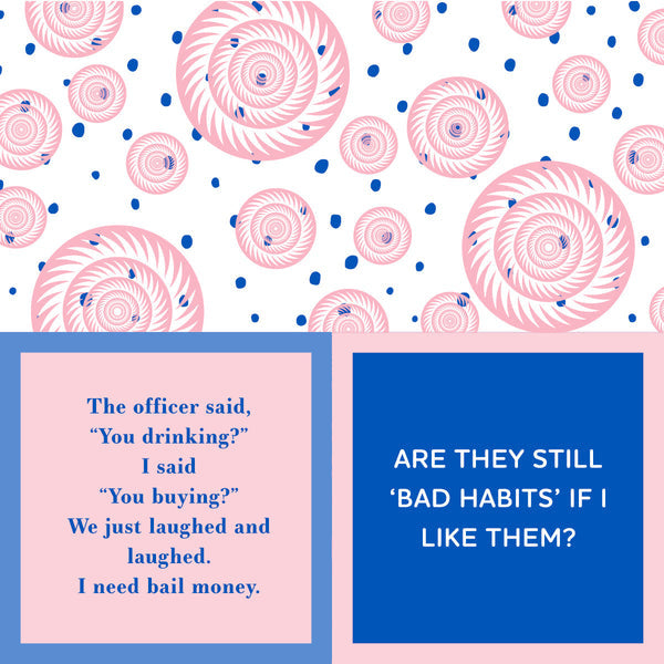 Drinks on Me "You Drinkin?" A cocktail napkin with a humorous quote about drinking habits, placed against a patterned background of blue and pink.  Available at Be Charmed