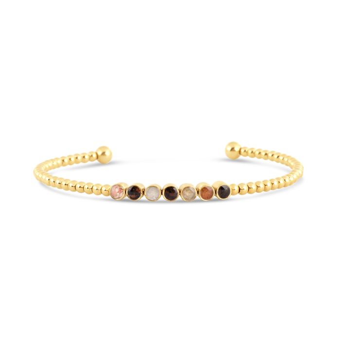 Gold bracelet with multicolored beads on a white background. Available at Be Charmed