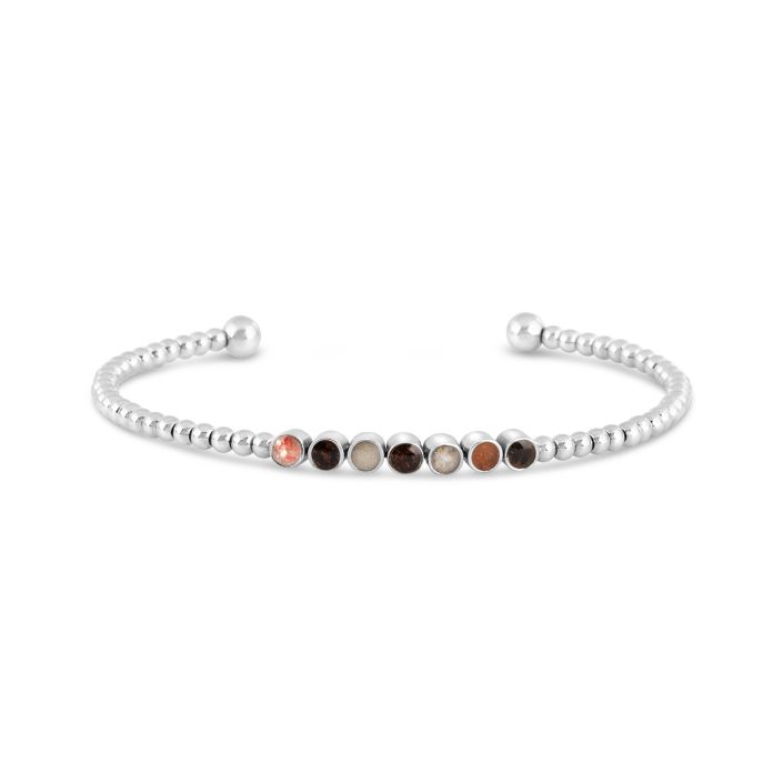 Silver bracelet with small beads on a white background. Available at Be Charmed