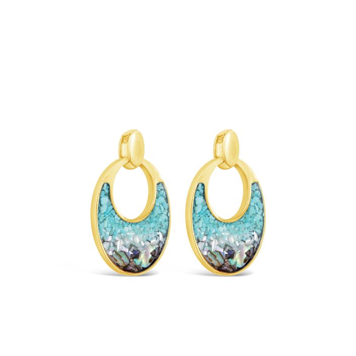Gold hoop earrings with turquoise stone centers on a white background. Available at Be Charmed