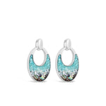 Silver earrings with turquoise and multicolor stone inlays on a white background. Available at Be Charmed