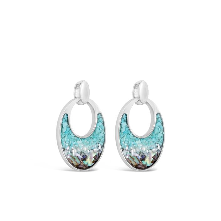 Silver earrings with turquoise and multicolor stone inlays on a white background. Available at Be Charmed
