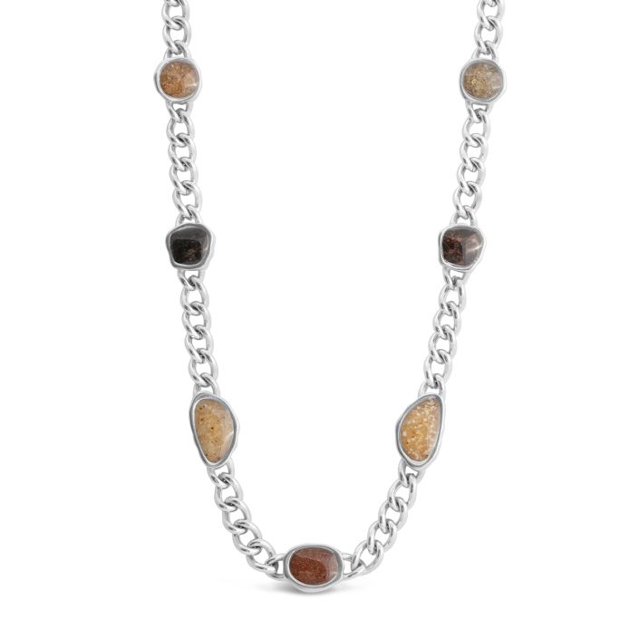 Silver chain necklace with embedded stones on a white background. Available at Be Charmed