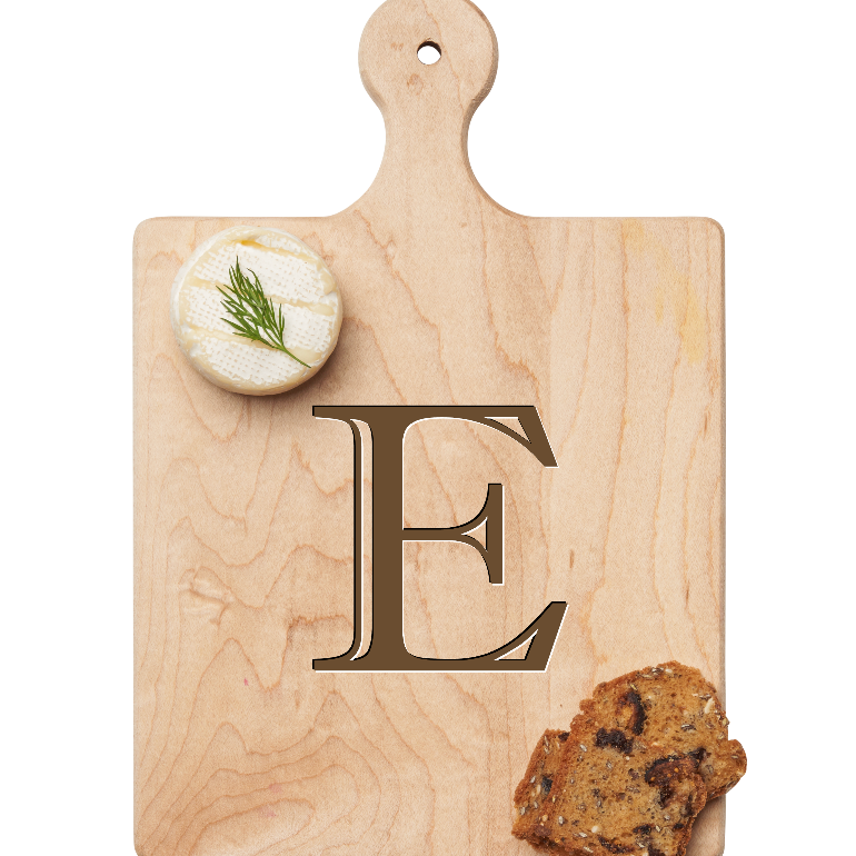 Maple Leaf 9x6 Initial Board E with Spreader. Personalized wooden serving board with monogram design. Perfect gift. Available at Be Charmed.